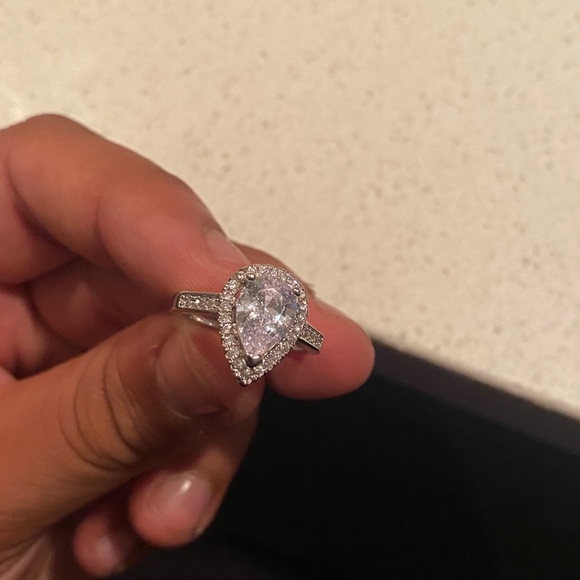 New Halo Pear Austrian Crystal Ring with Single Half Row Pave Engagement Ring - Picture 6 of 12